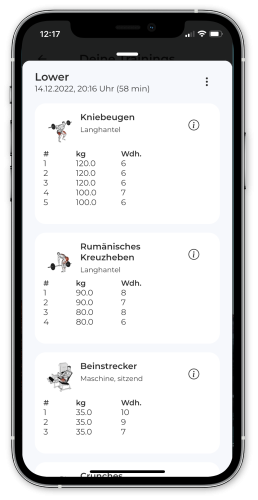 Trainingsanleitung und Trainingshistorie in der App für Ernährungsberatung von Naturheilkunde Grüner nachvollziehen